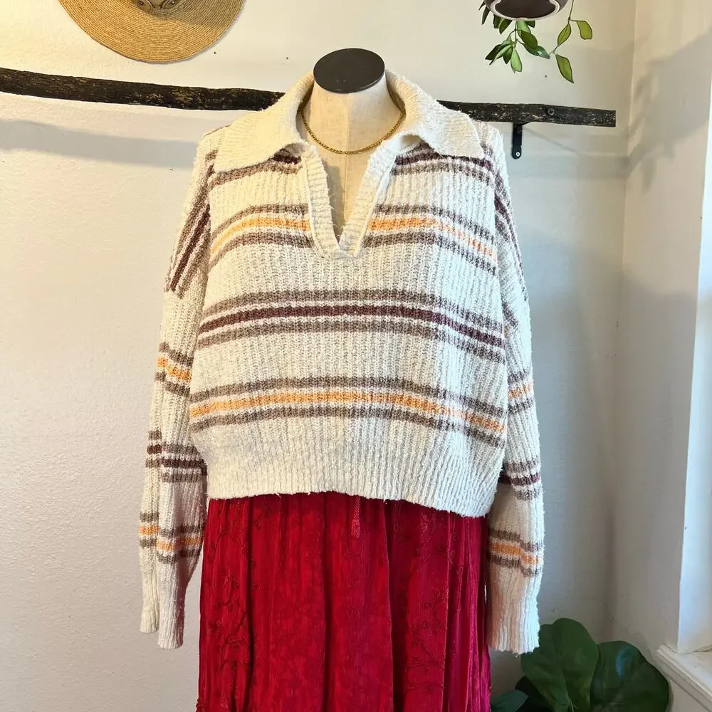 Free People Kennedy Striped Collared Cropped Chunky Knit Sweater Size Large